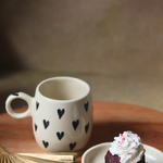 black heart mug & dessert plate with delicious dessert 