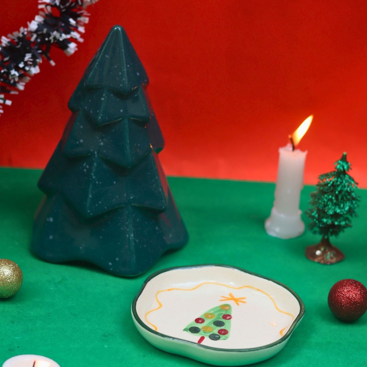 handmade Set of 2 - Green Conical Christmas tree & The Xmas Dessert Plate combo
