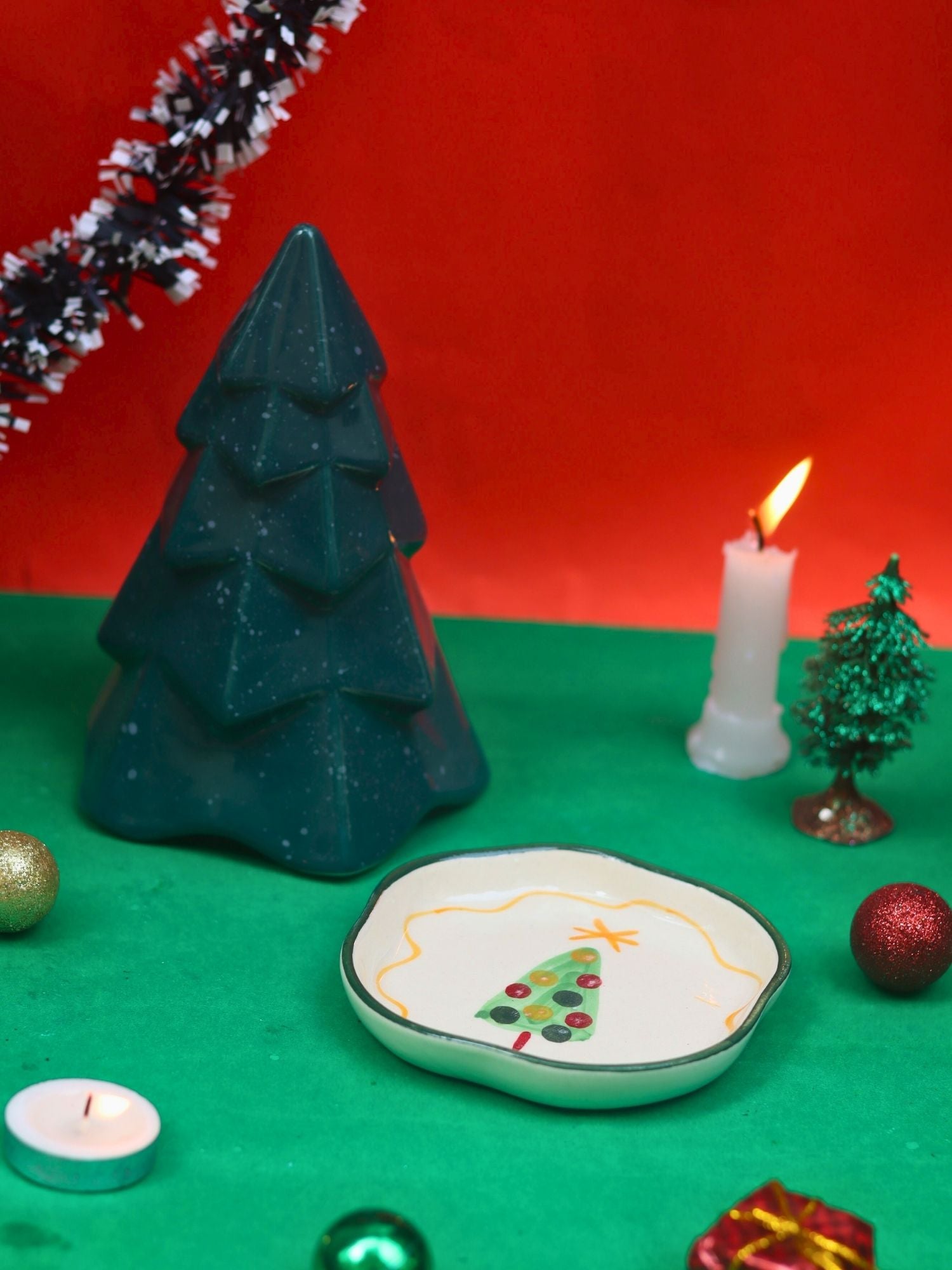 handmade Set of 2 - Green Conical Christmas tree & The Xmas Dessert Plate combo