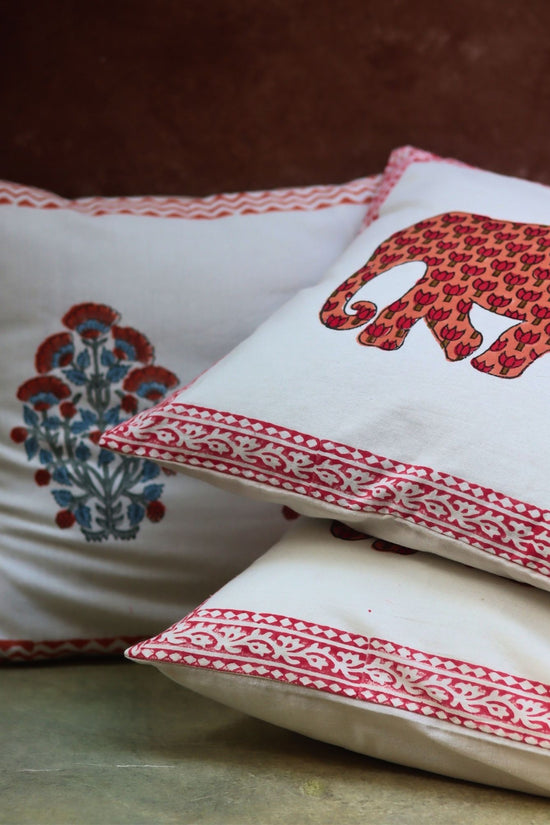 Pink Bloom & Ele block printed Cushion Cover combo handmade in india