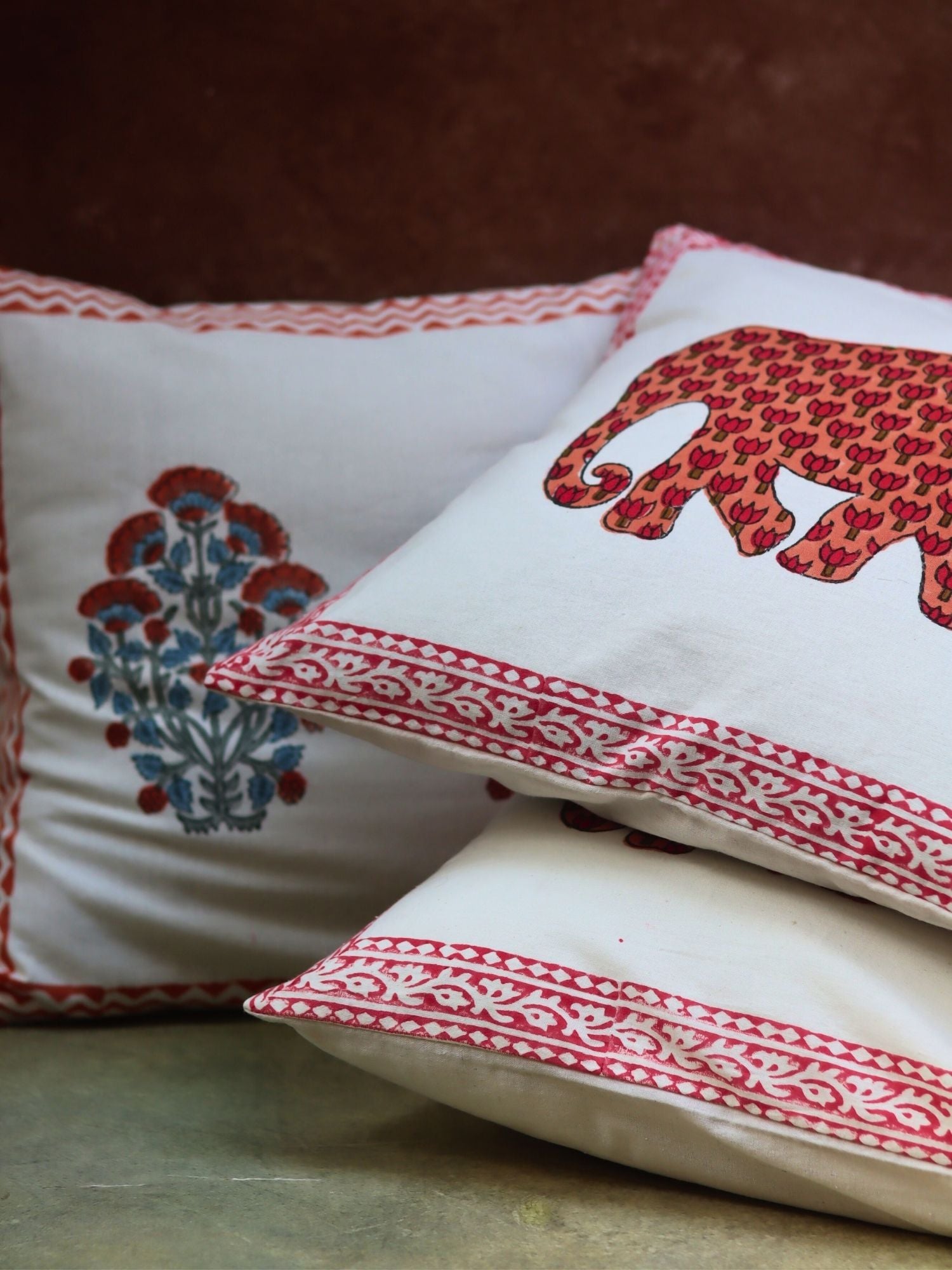 Pink Bloom & Ele block printed Cushion Cover combo handmade in india