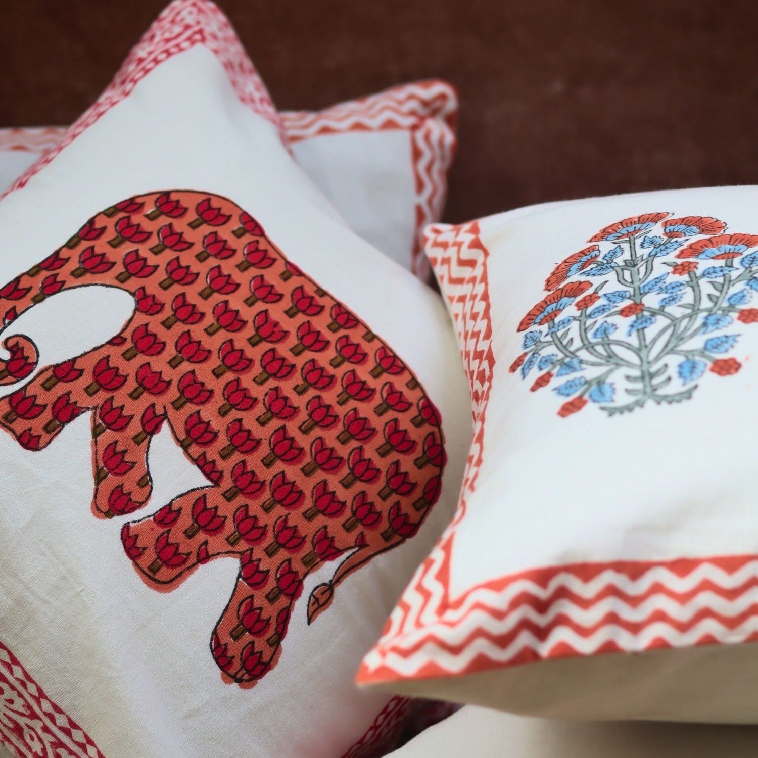 handmade Pink Bloom & Ele block printed Cushion Cover combo