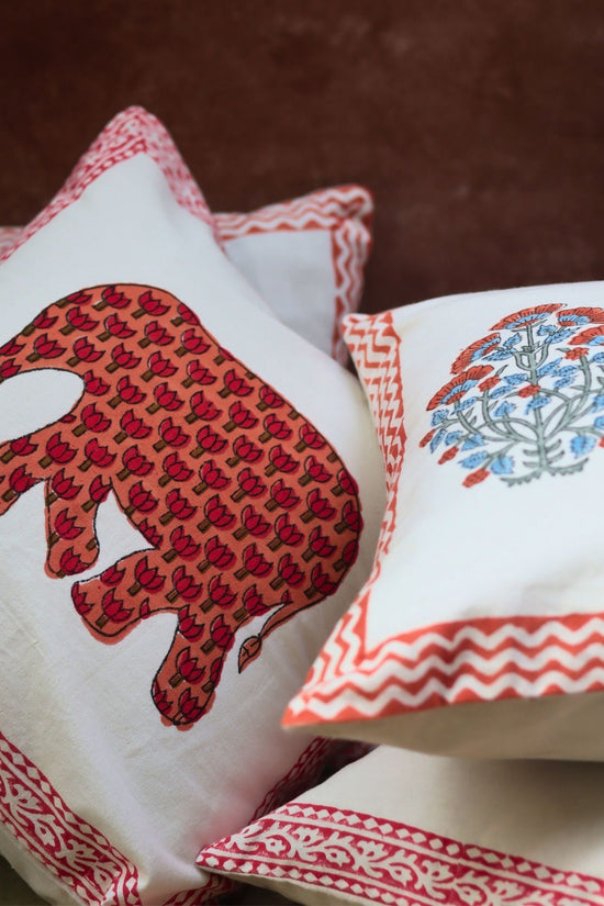handmade Pink Bloom & Ele block printed Cushion Cover combo