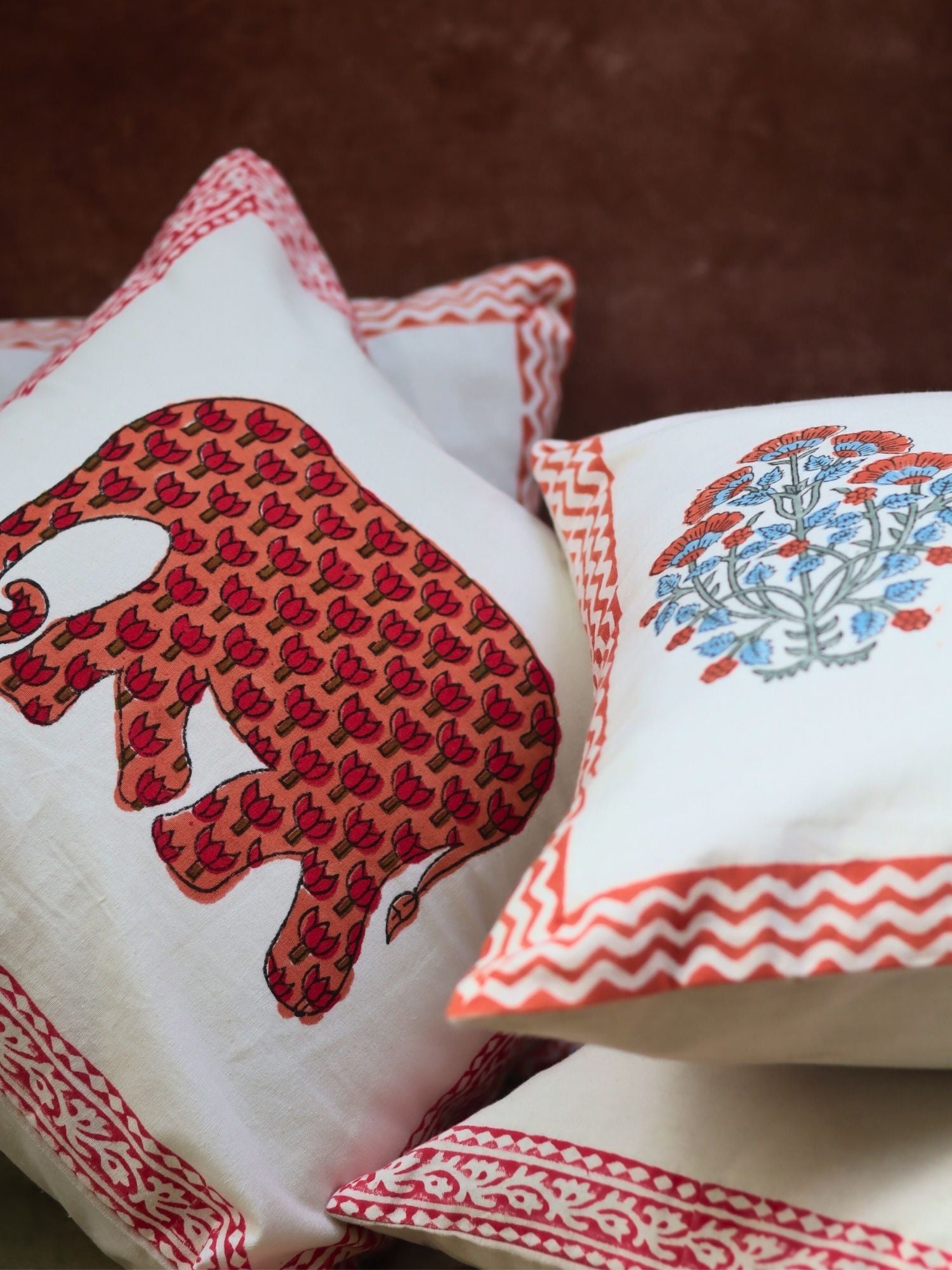 handmade Pink Bloom & Ele block printed Cushion Cover combo