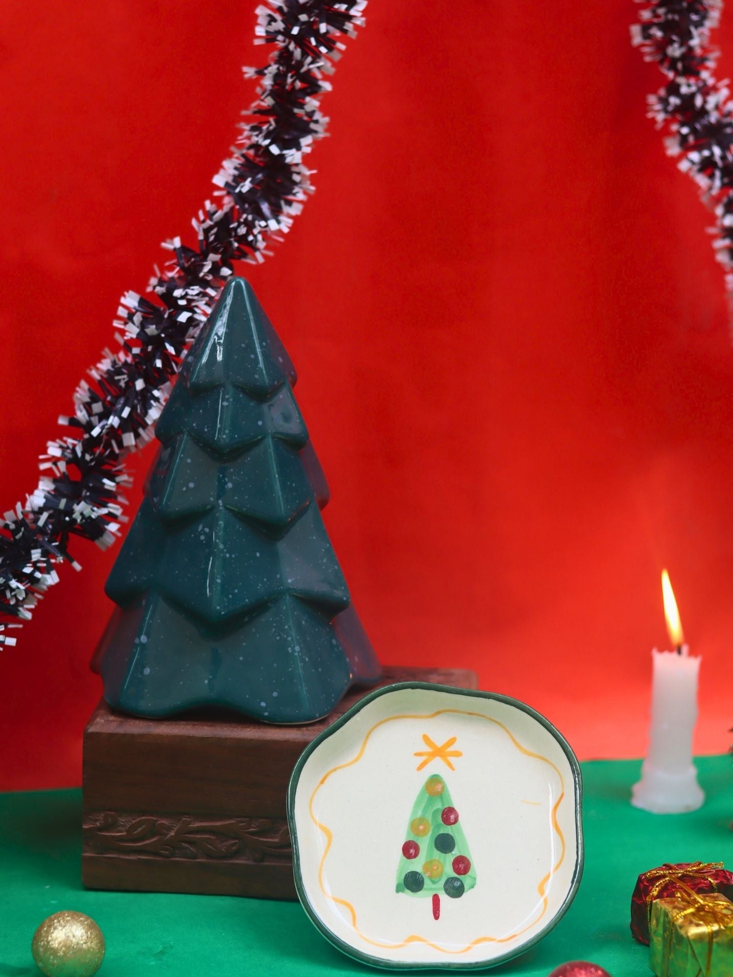 Set of 2 - Green Conical Christmas tree & The Xmas Dessert Plate combo made by ceramic