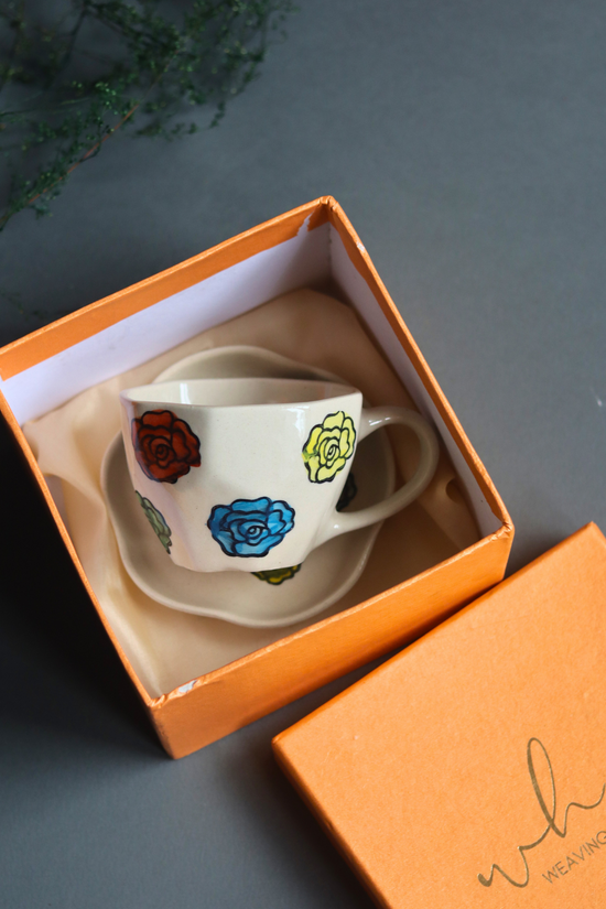Stunning rose coffee mug & dessert plate in a gift box