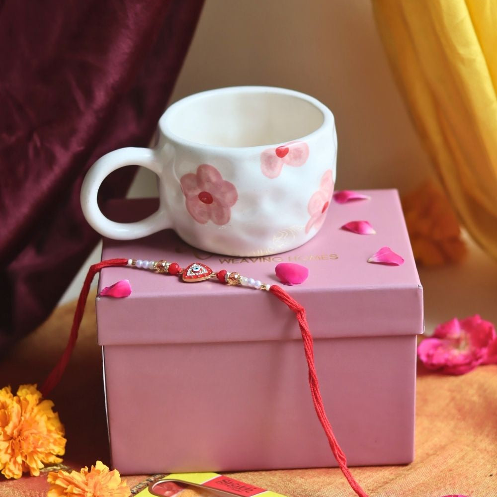 handmade Floral Bliss Mug in a Gift box with Rakhi