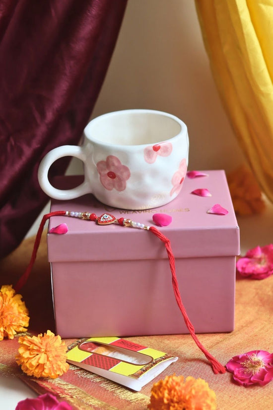 handmade Floral Bliss Mug in a Gift box with Rakhi