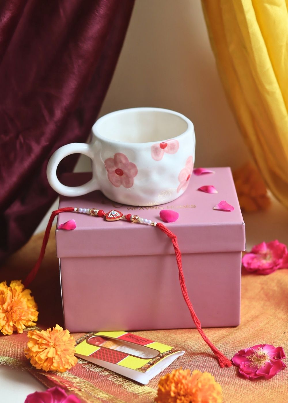handmade Floral Bliss Mug in a Gift box with Rakhi