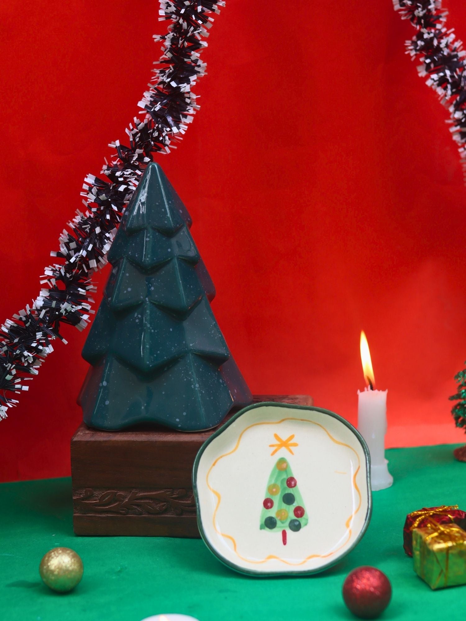 Set of 2 - Green Conical Christmas tree & The Xmas Dessert Plate combo with premium quality material