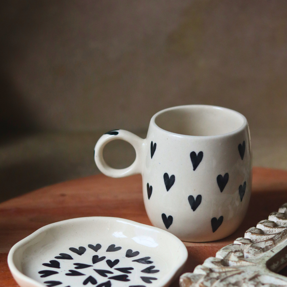black heart mug & black heart dessert plate made by ceramic 
