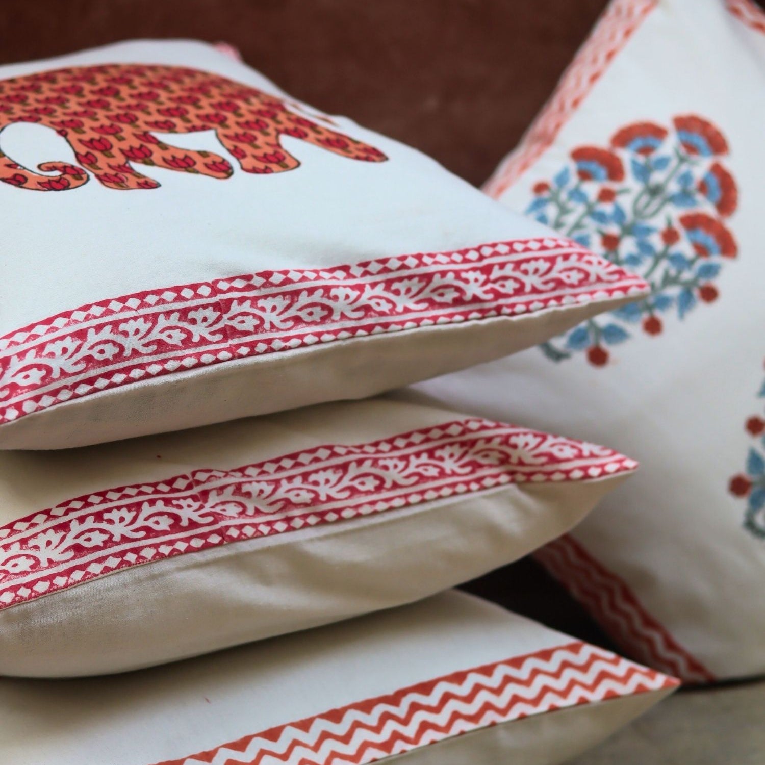 Pink Bloom & Ele block printed Cushion Cover combo made by cotton