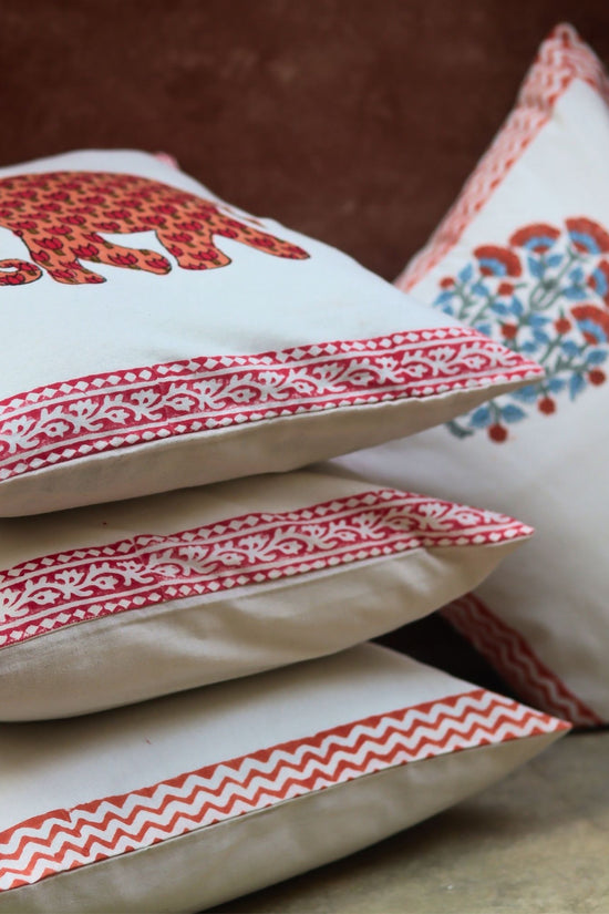 Pink Bloom & Ele block printed Cushion Cover combo made by cotton