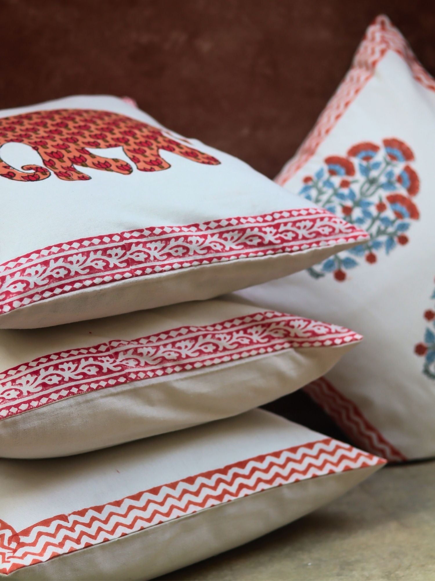 Pink Bloom & Ele block printed Cushion Cover combo made by cotton