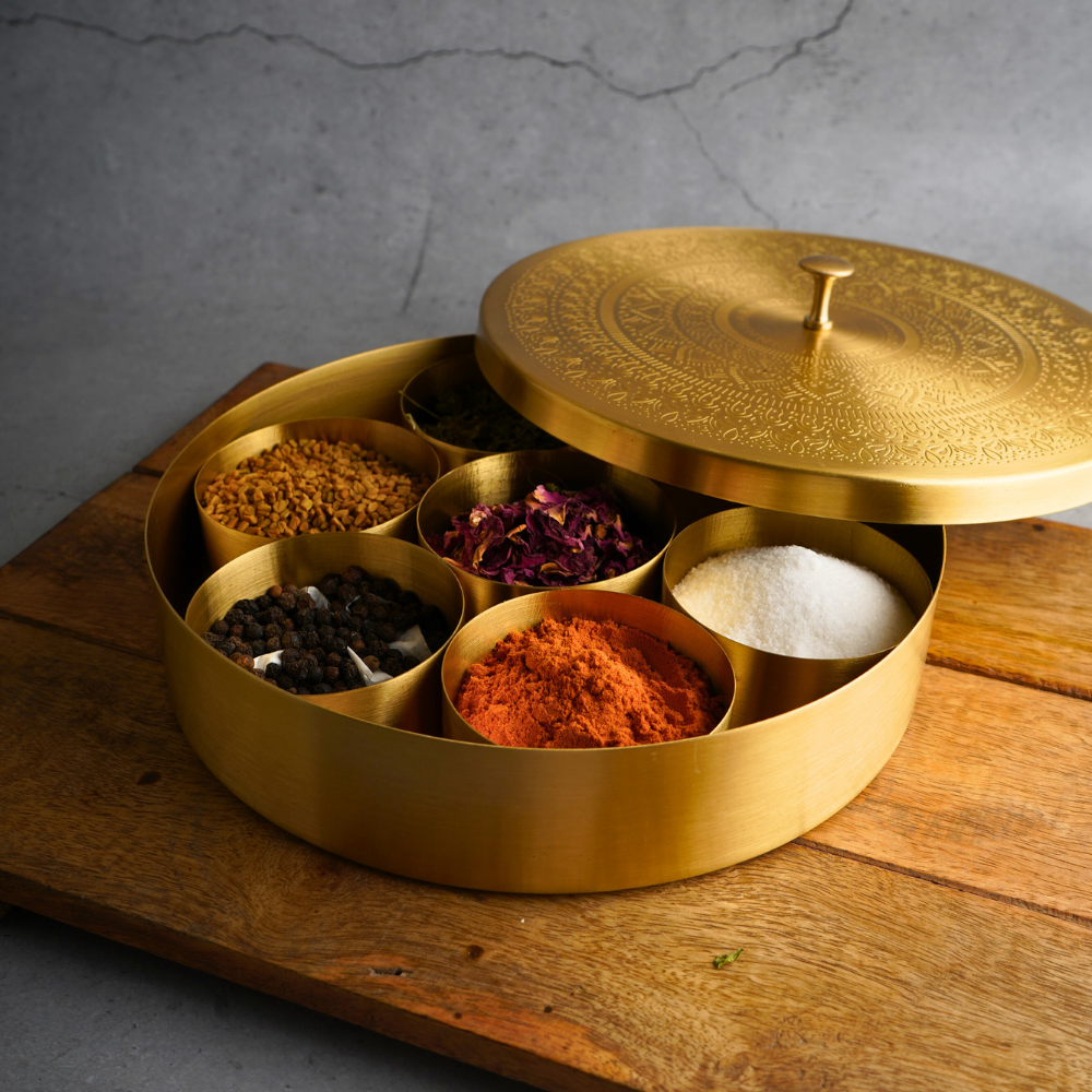 Spices box on wooden tray