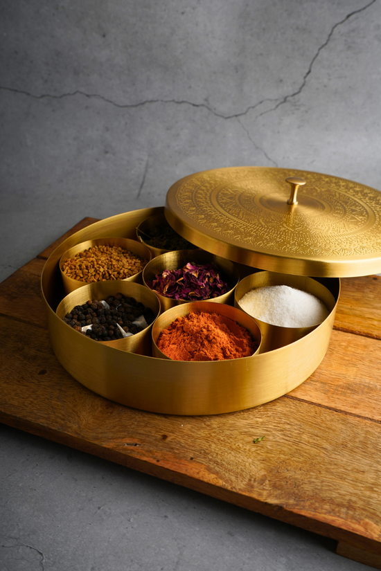 Spices box on wooden tray
