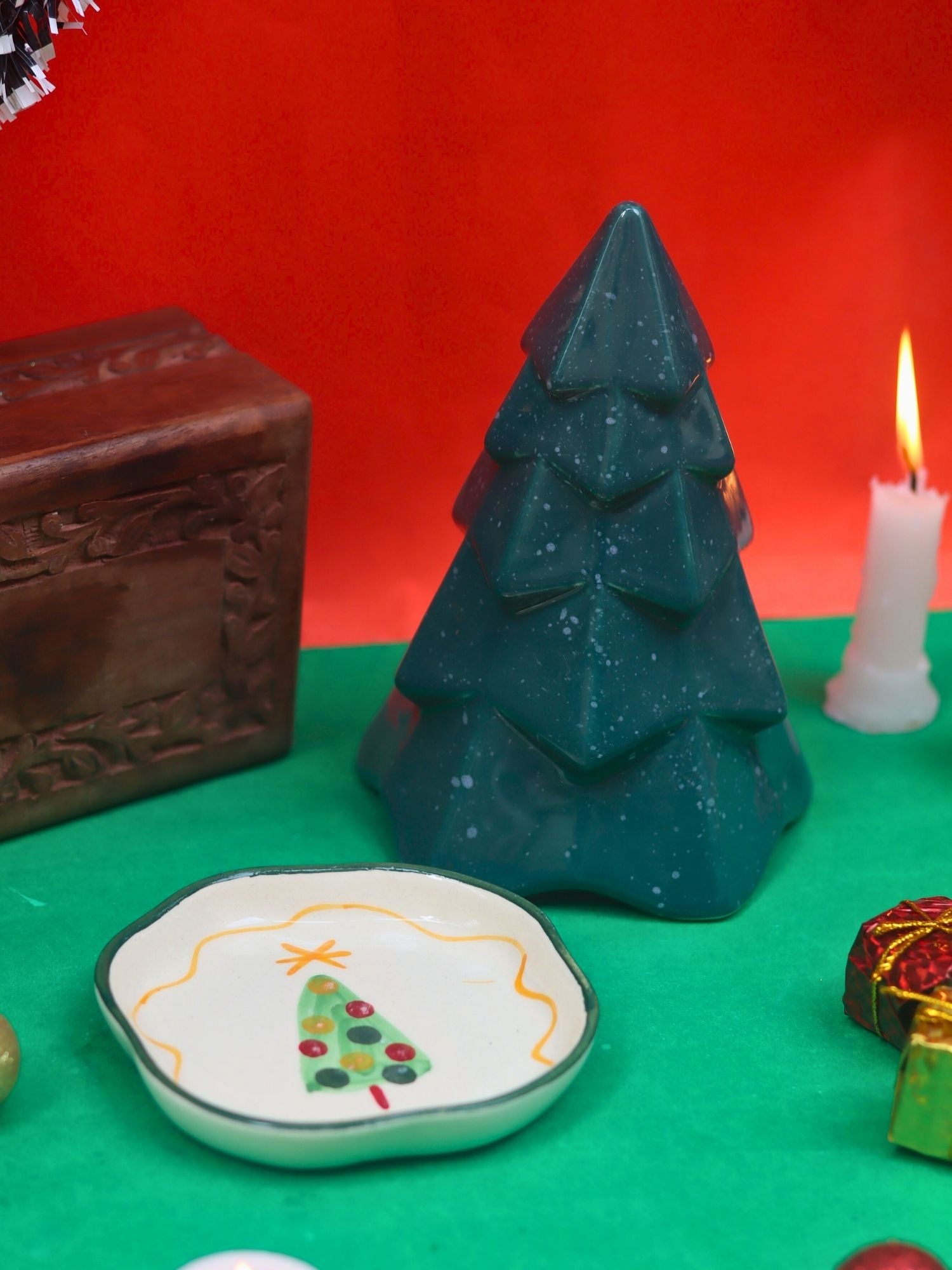 Set of 2 - Green Conical Christmas tree & The Xmas Dessert Plate combo handmade in India