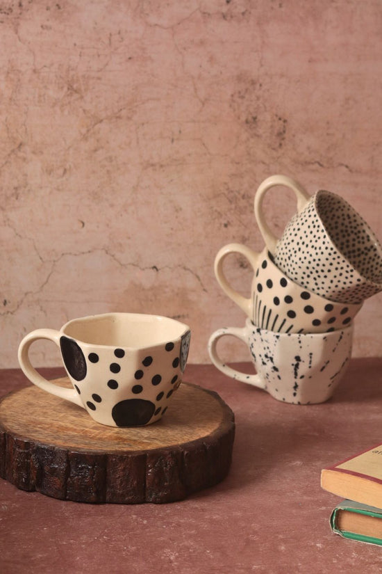 Set of 4 Black & White Mugs handmade in India