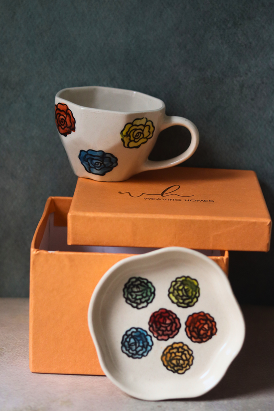 Handmade ceramic rose coffee mug & dessert plate