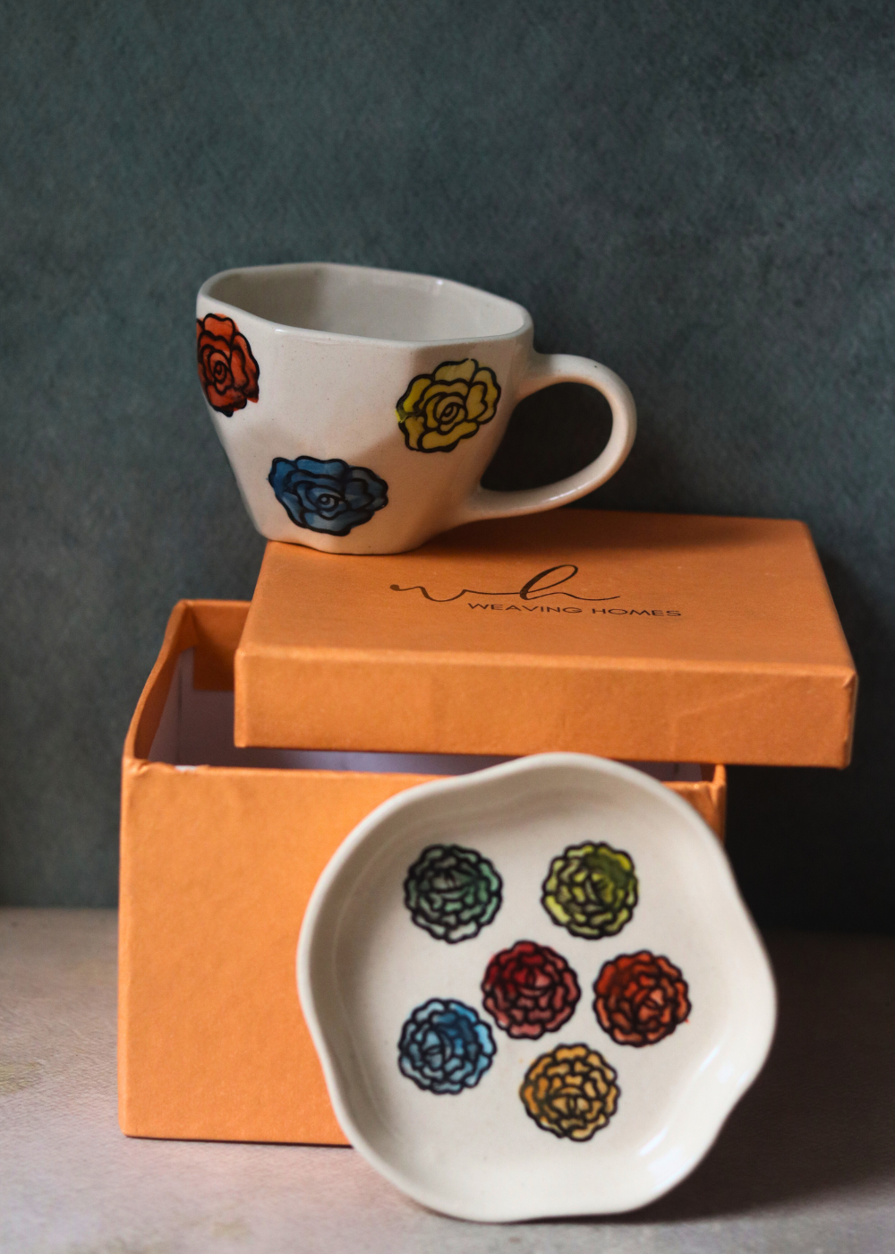 Handmade ceramic rose coffee mug & dessert plate