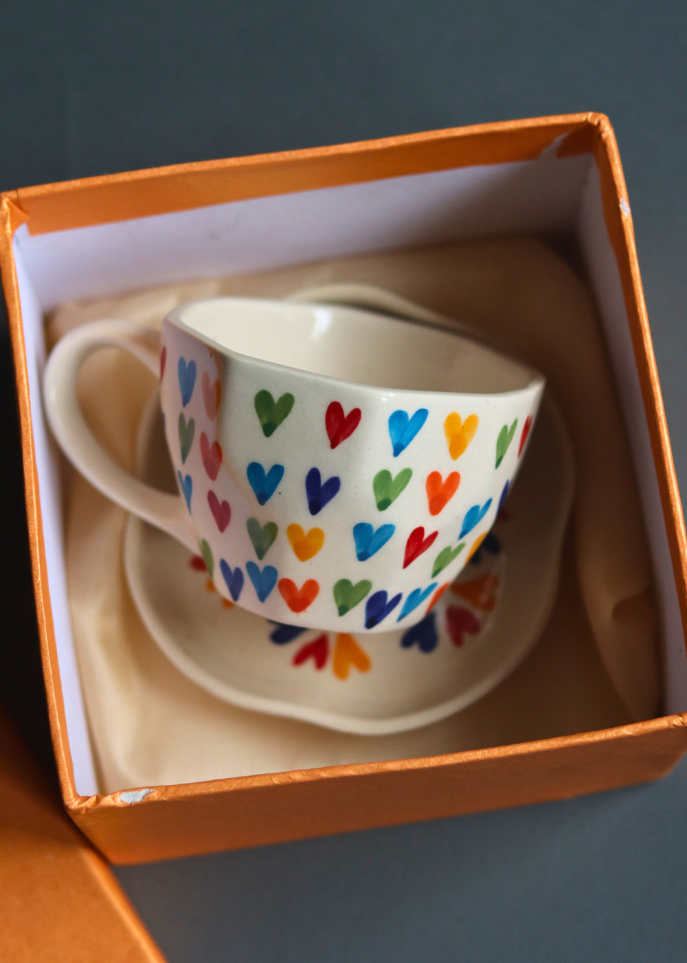 Handmade ceramic colorful hearts mug & dessert plate
