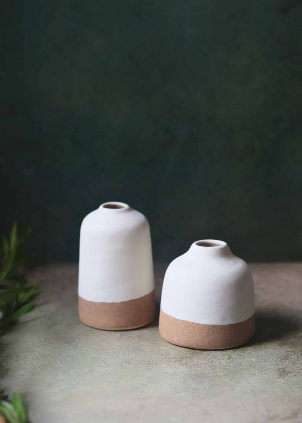 Two white & sanded bud vases 