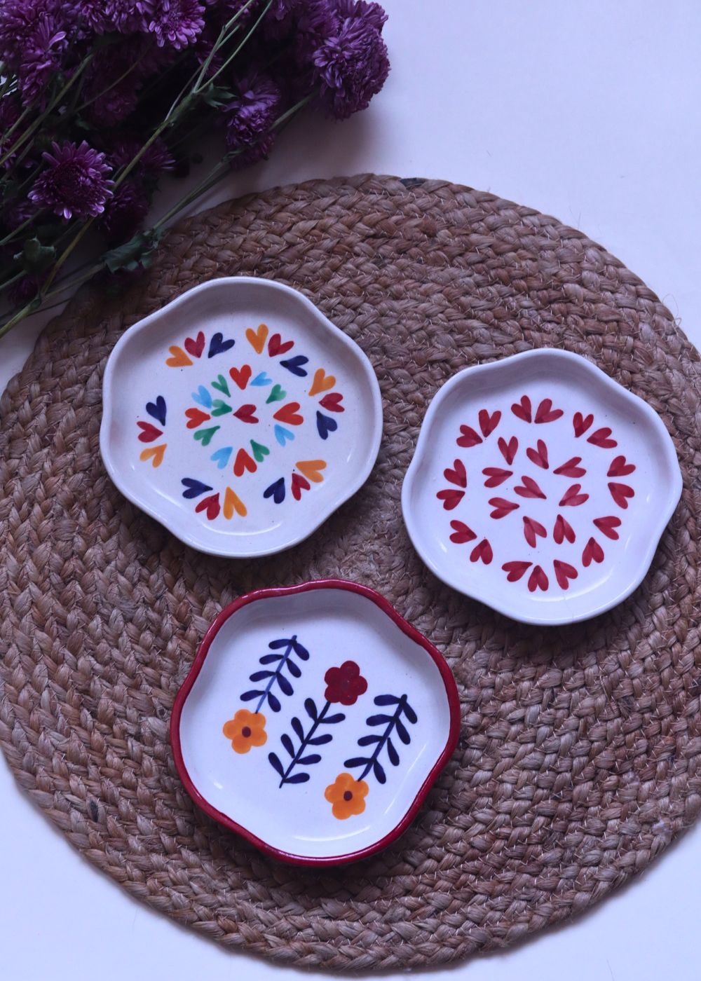 All Heart, Loveislove & Floral bloom Handmade Dessert Plate - Set of 3 handmade in india