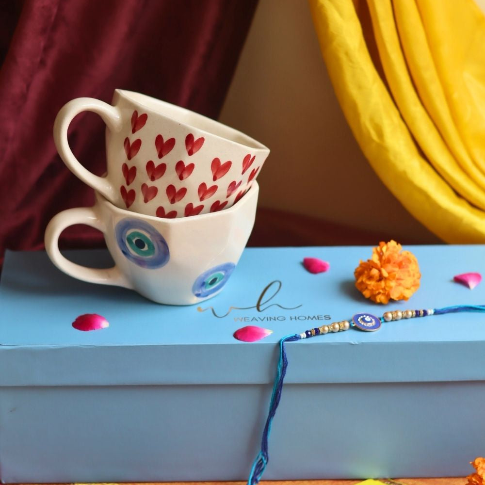 Heart & Evil Eye Mug Set Rakhi Gift Box handmade in India