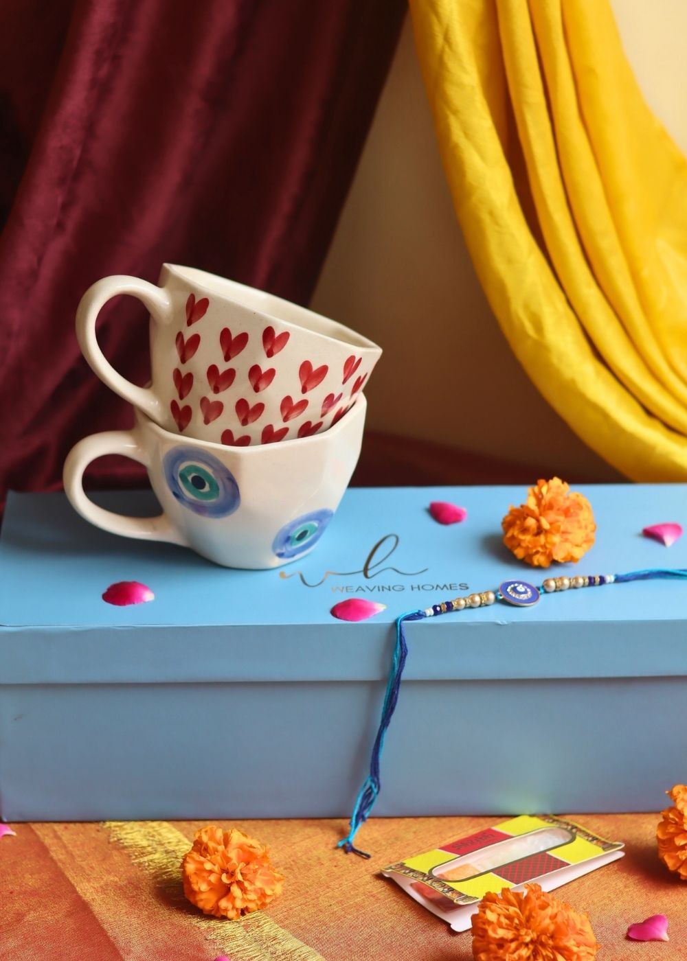 Heart & Evil Eye Mug Set Rakhi Gift Box handmade in India