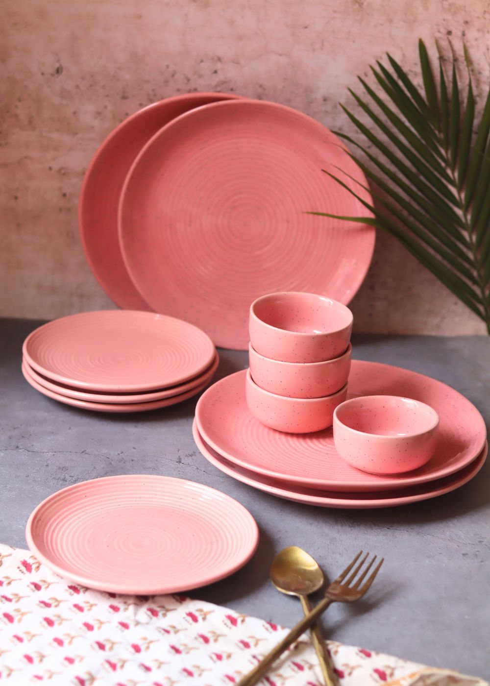 Set of 12 - Rosy Pink Dinner Set handmade in India