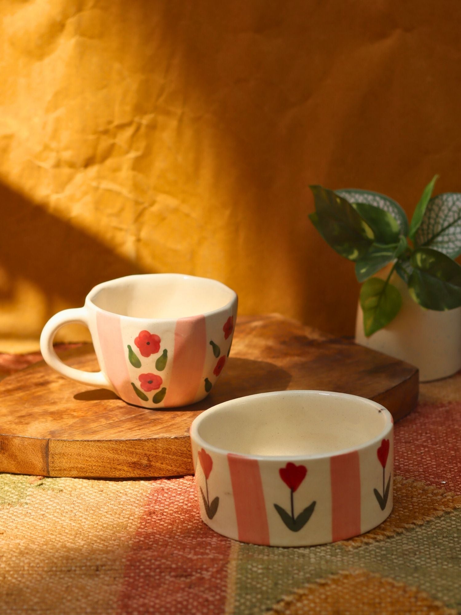 Set of 2 - Pastel tulip Mug & Bowl Combo handmade in India