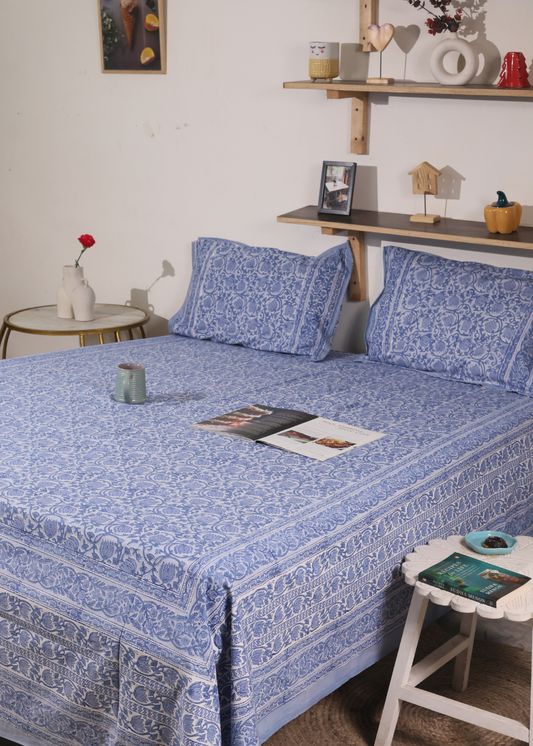 Blue Lotus Block Printed Bedsheet