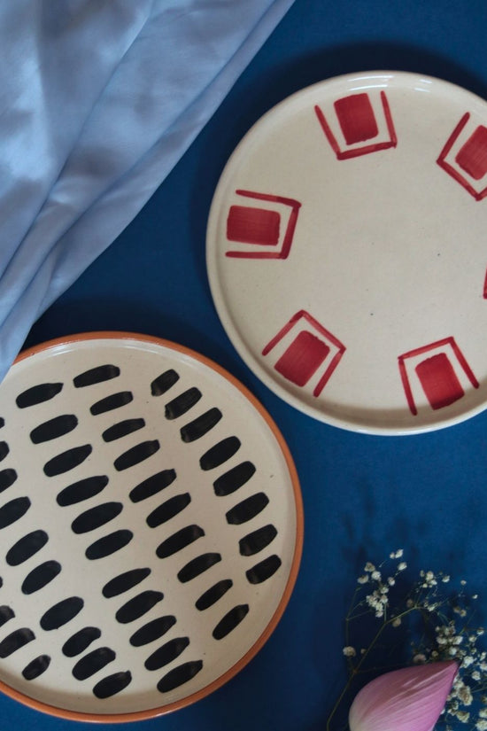 Set of 2 - Red Brick & Striped Platter handmade in india