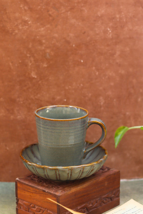 Set of 2 - Olive Coffee Mug & Green Blossom Bowl combo handmade in India
