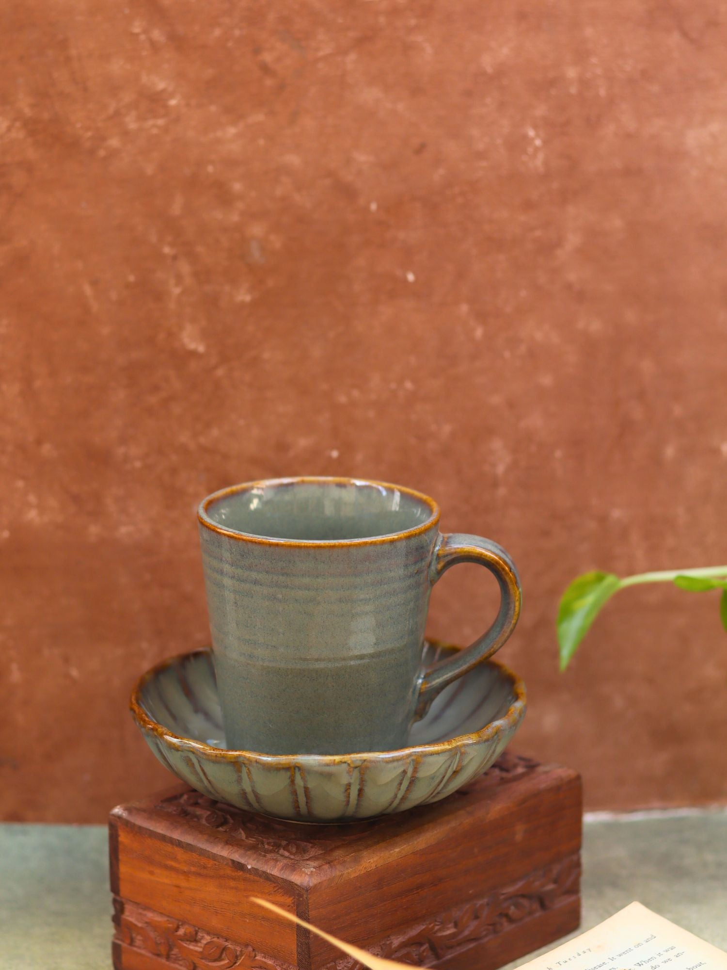 Set of 2 - Olive Coffee Mug & Green Blossom Bowl combo handmade in India
