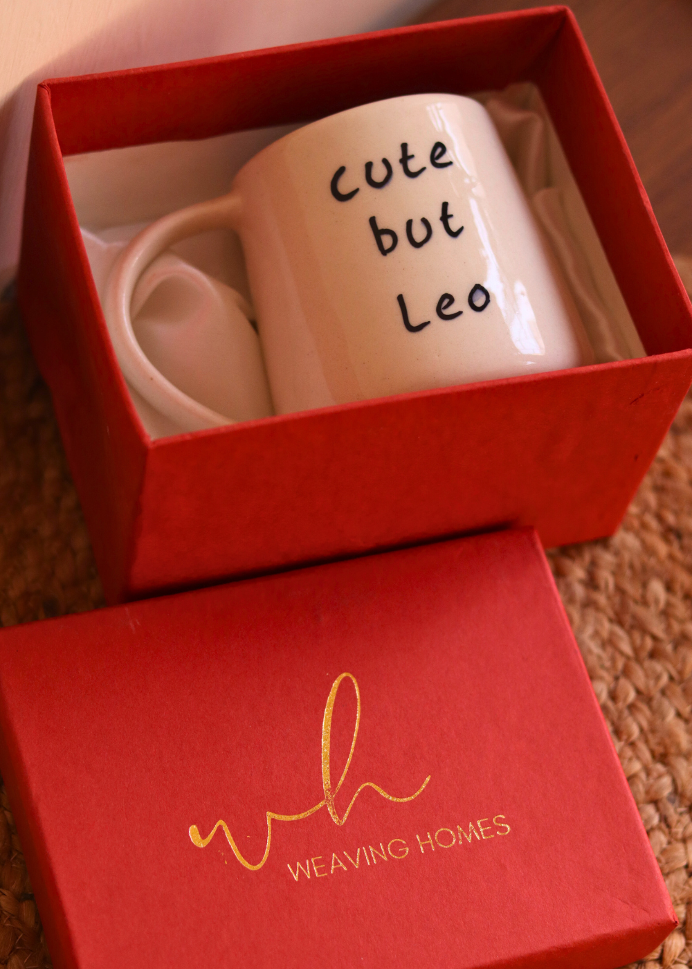 handmade cute but leo mug with a luxury gift box