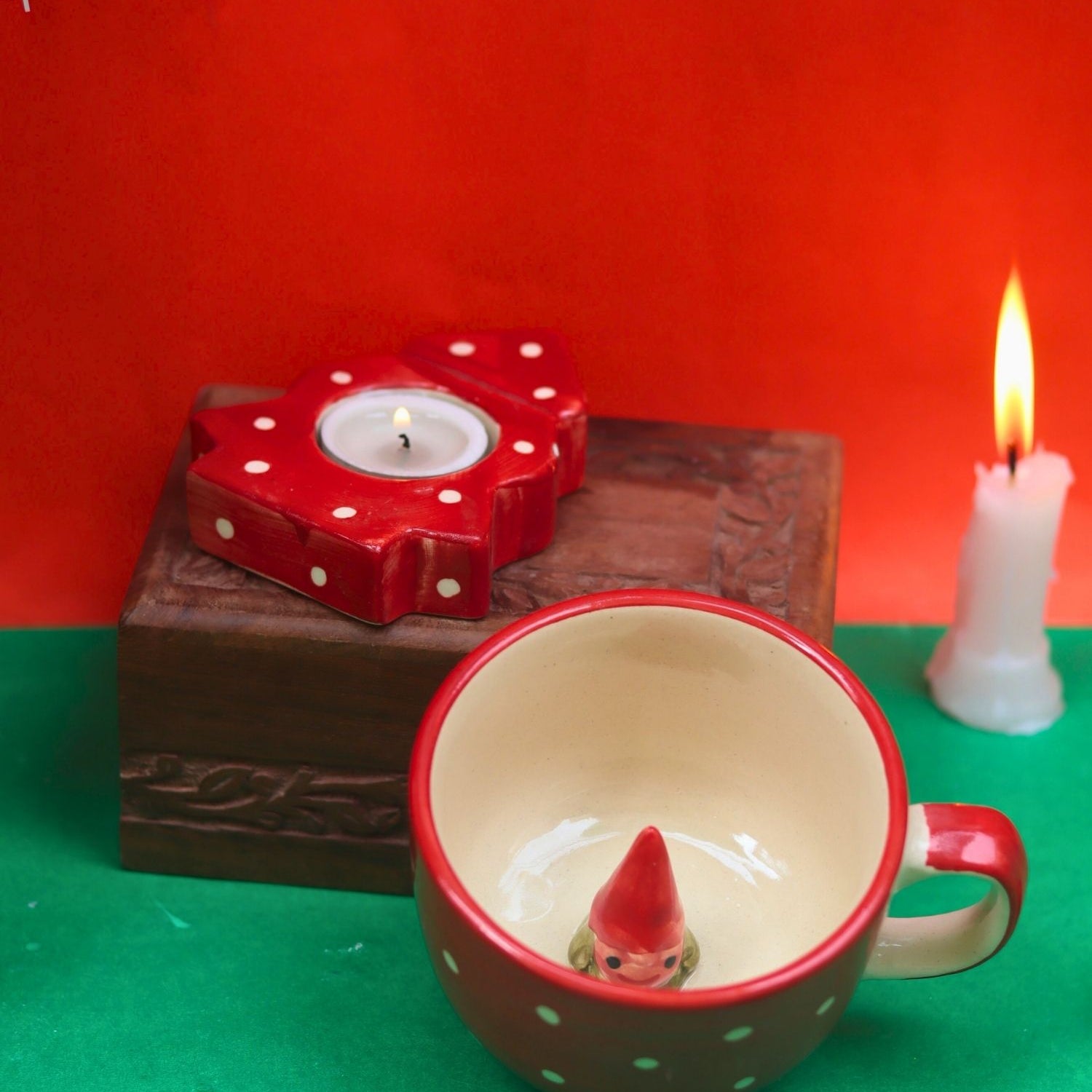 Handmade Set of 2 - Santa in a mug & Christmas tree tea light holder combo