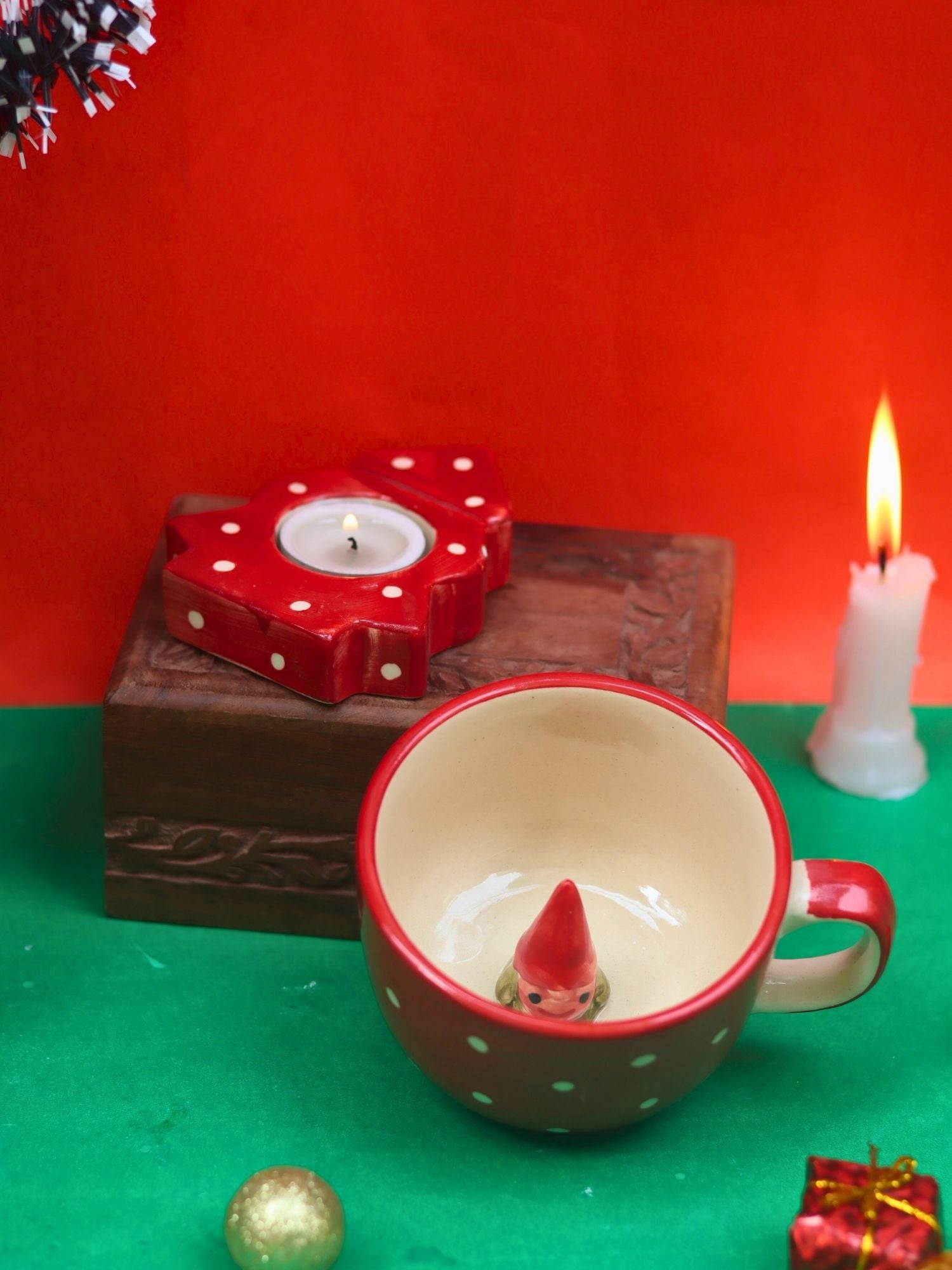 Handmade Set of 2 - Santa in a mug & Christmas tree tea light holder combo