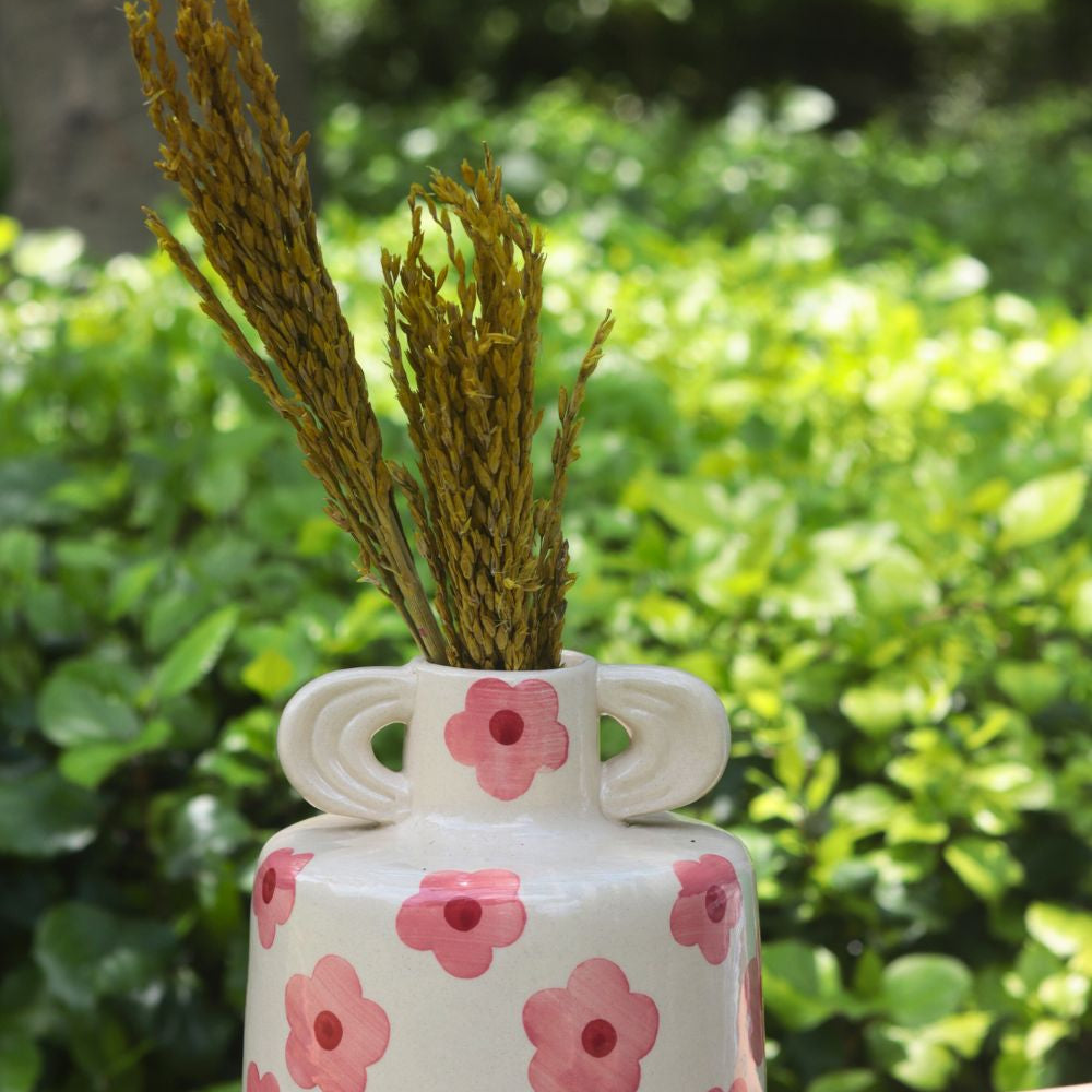 handmade Pink Floral print ceramic vase 