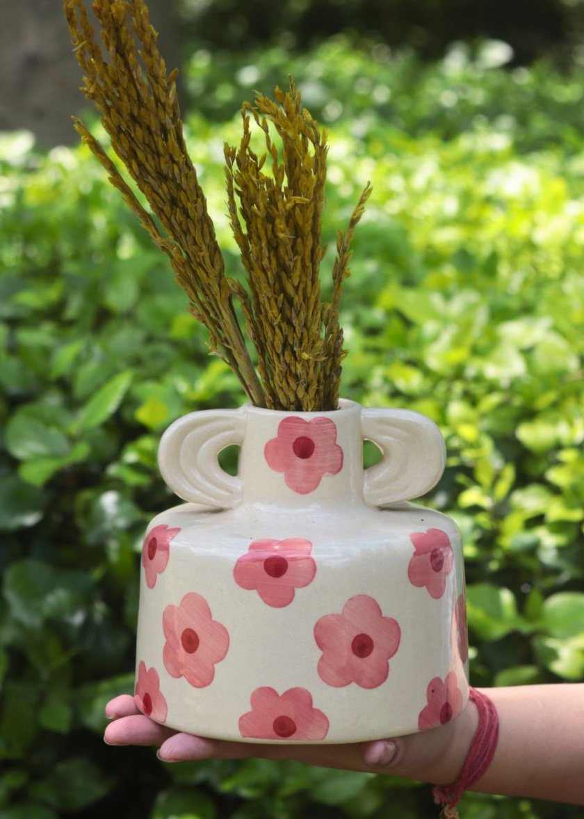 handmade Pink Floral print ceramic vase 