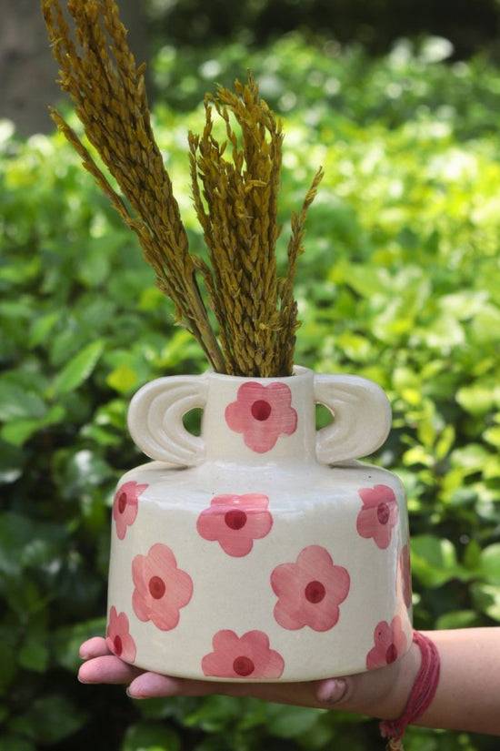 handmade Pink Floral print ceramic vase 