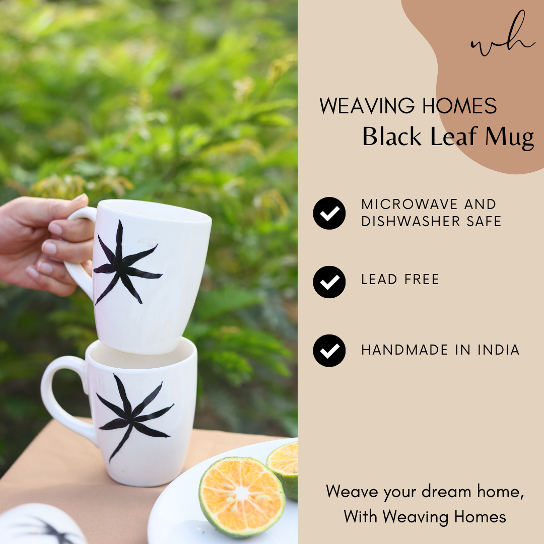White mug with leaf print