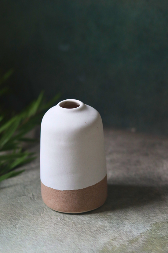 Handmade ceramic white & sanded bud vase - tall