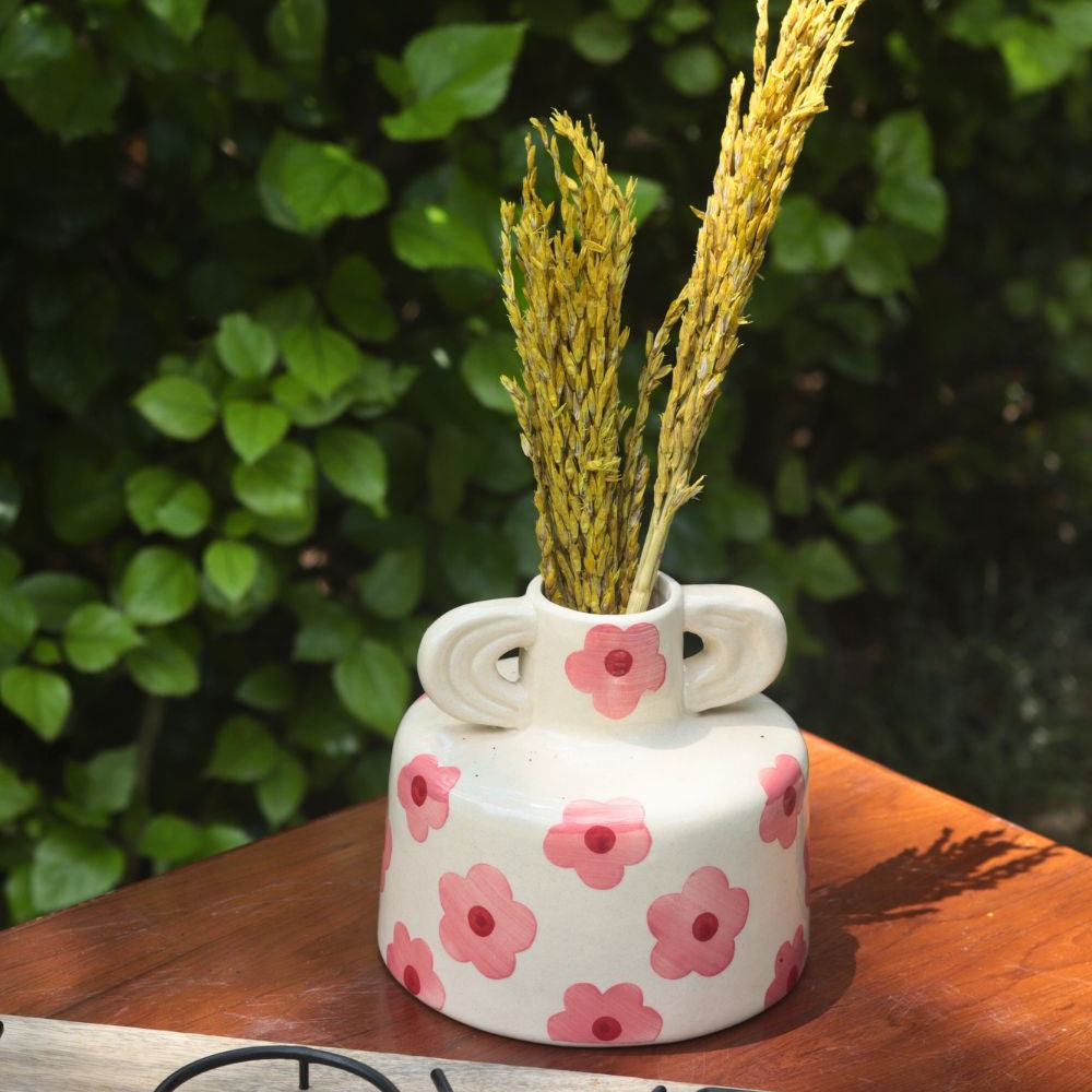 Pink Floral print ceramic vase  handmade in india