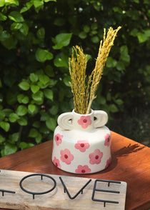 Pink Floral print ceramic vase  handmade in india