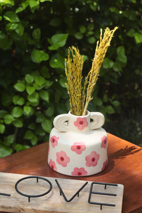 Pink Floral print ceramic vase  handmade in india