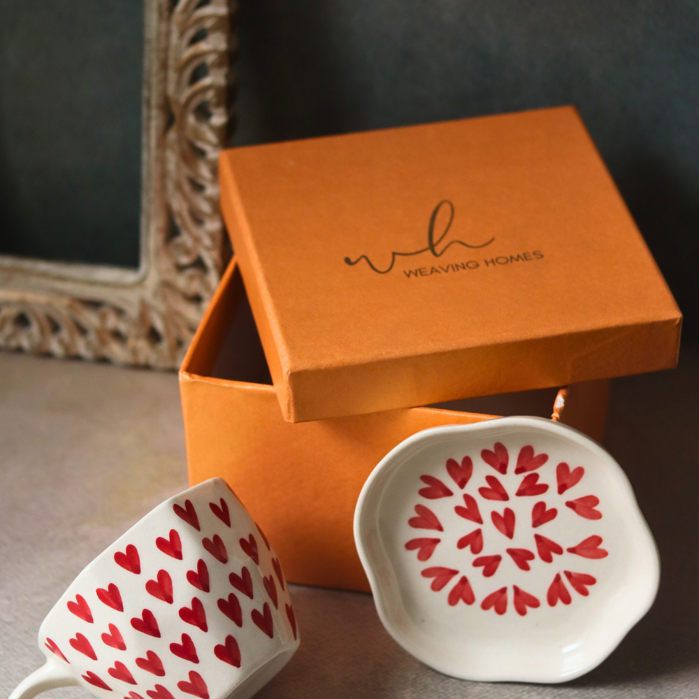 Handmade white & red heart mug & dessert plate with gift box