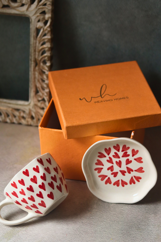 Handmade white & red heart mug & dessert plate with gift box