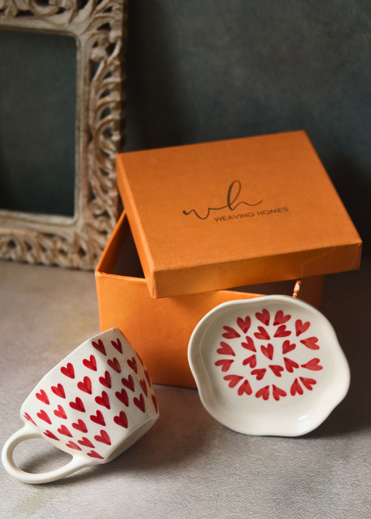 Handmade white & red heart mug & dessert plate with gift box