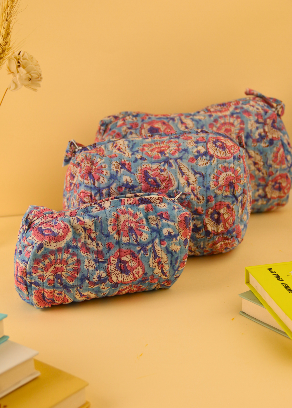 blue toiletry bags